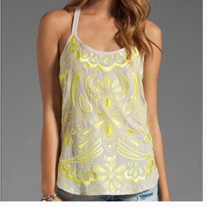 Trina Turk Neon Yellow Embroidered Racerback Glowstick Silk Tank Top Size Small
